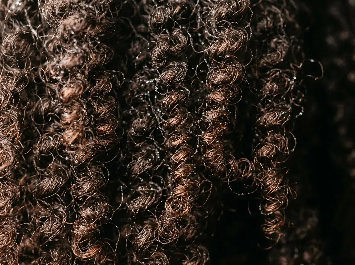 Gros plan sur une texture de cheveux crépus 4C avec gouttelettes d'eau