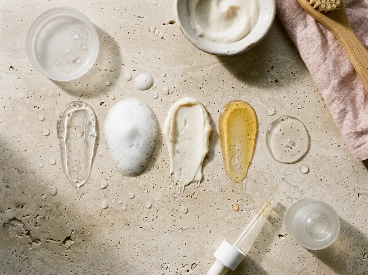 Cinq textures de nettoyant visage (gel, mousse, crème, huile, eau micellaire) présentées sur une pierre claire