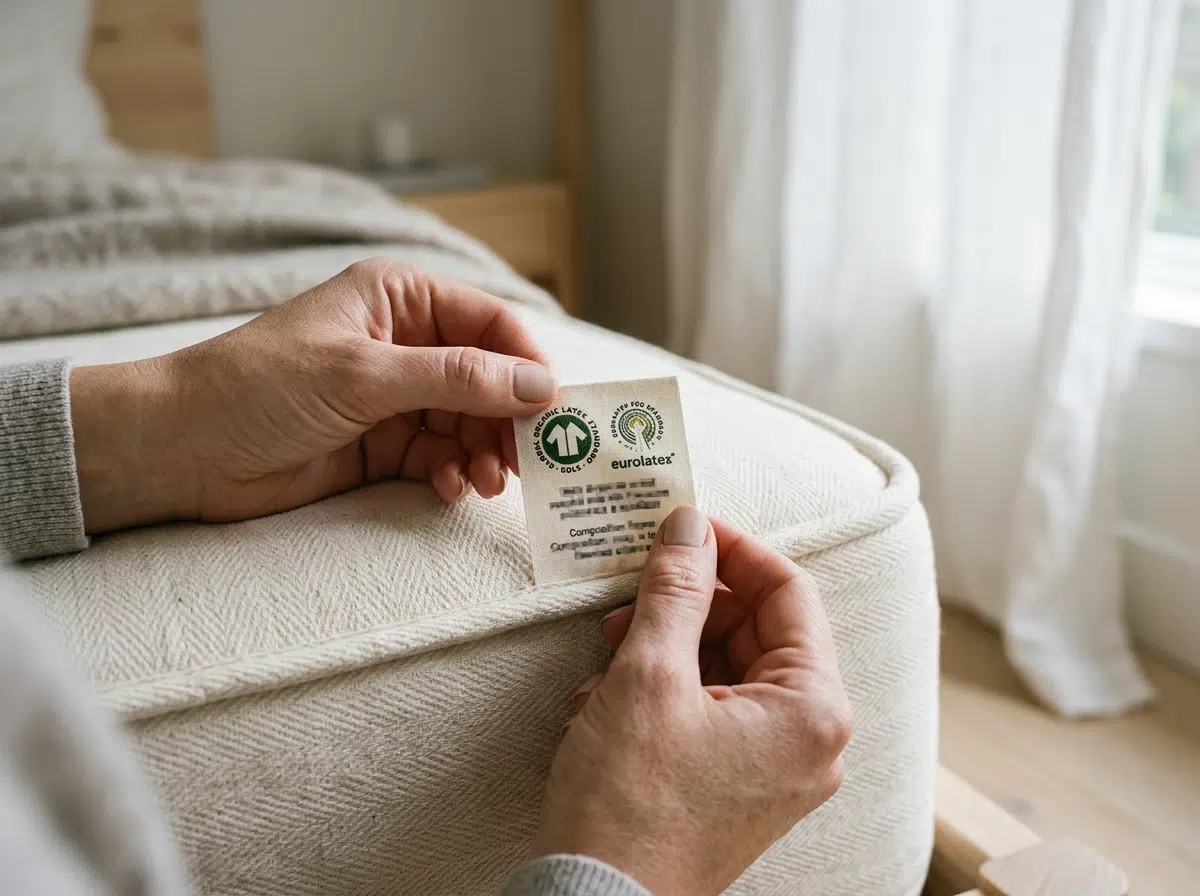 Mains d'une femme lisant l'étiquette de composition et la certification d'un matelas latex naturel