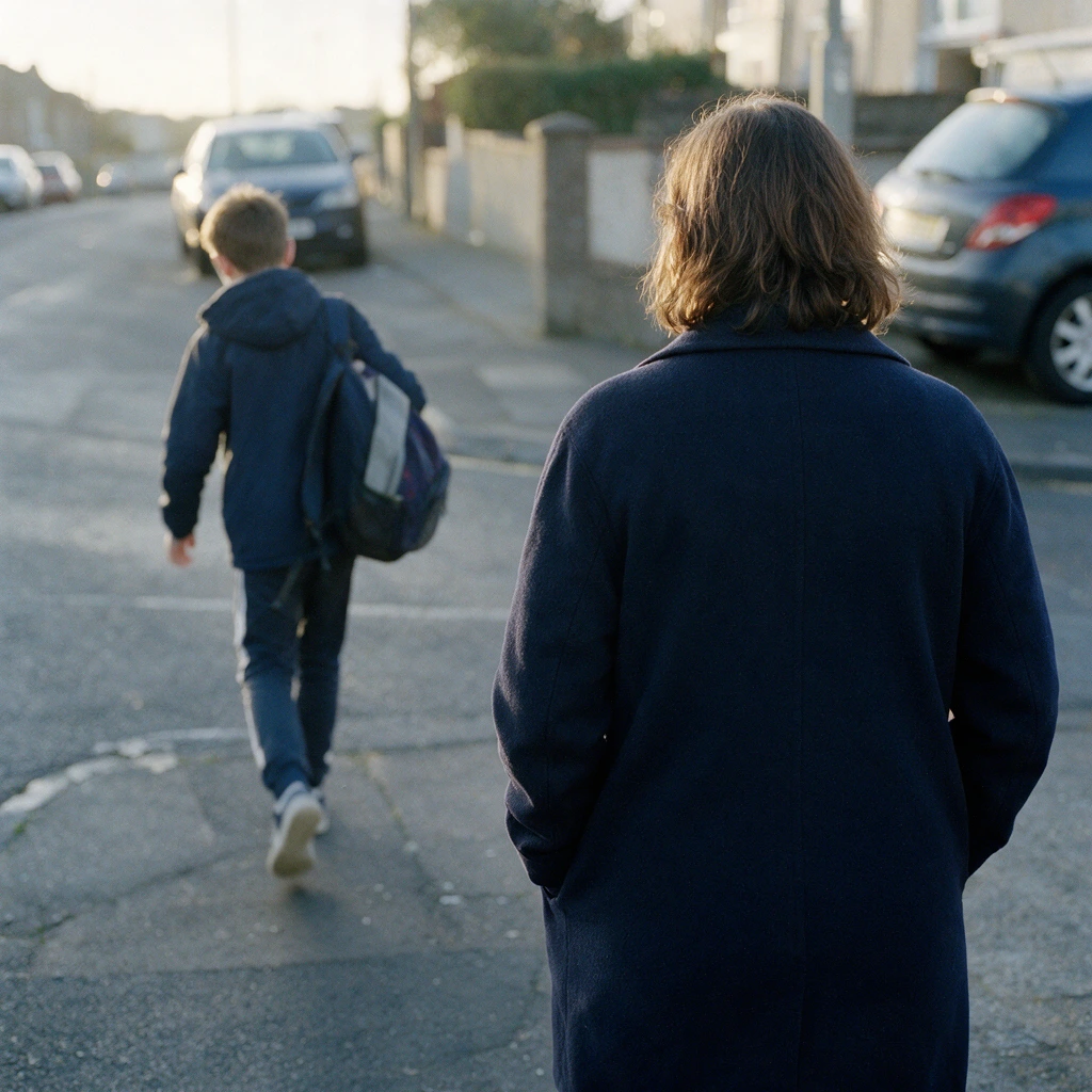 Adolescent marchant devant sa mère sur le chemin du collège le matin de la rentrée