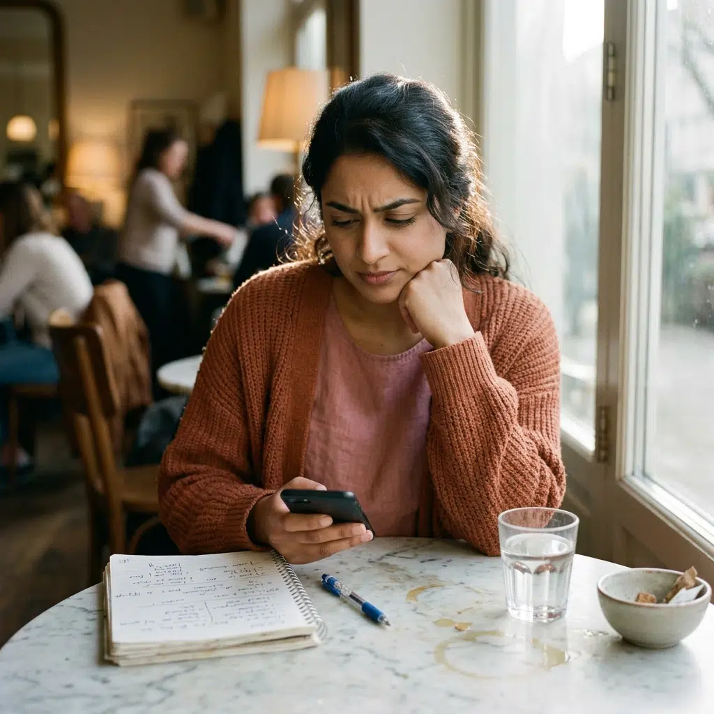 Jeune femme attablée dans un café consultant une analyse de sa relation amoureuse sur son téléphone