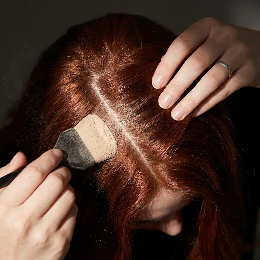 Application d'un shampoing sec bio en poudre au pinceau, raie par raie, sur les racines