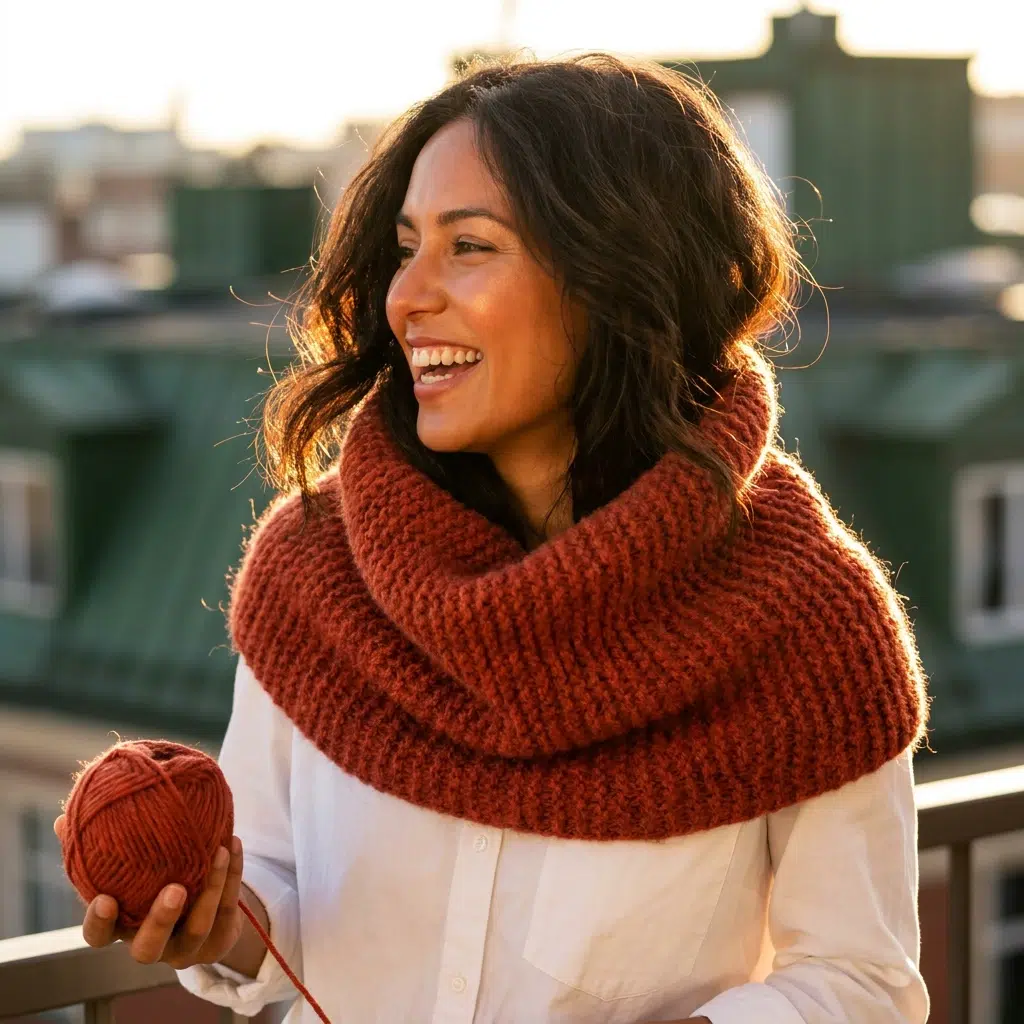 apprendre-tricoter-apres-40-ans-cover Femme quarantenaire souriante portant un snood terracotta tricoté main, au soleil couchant