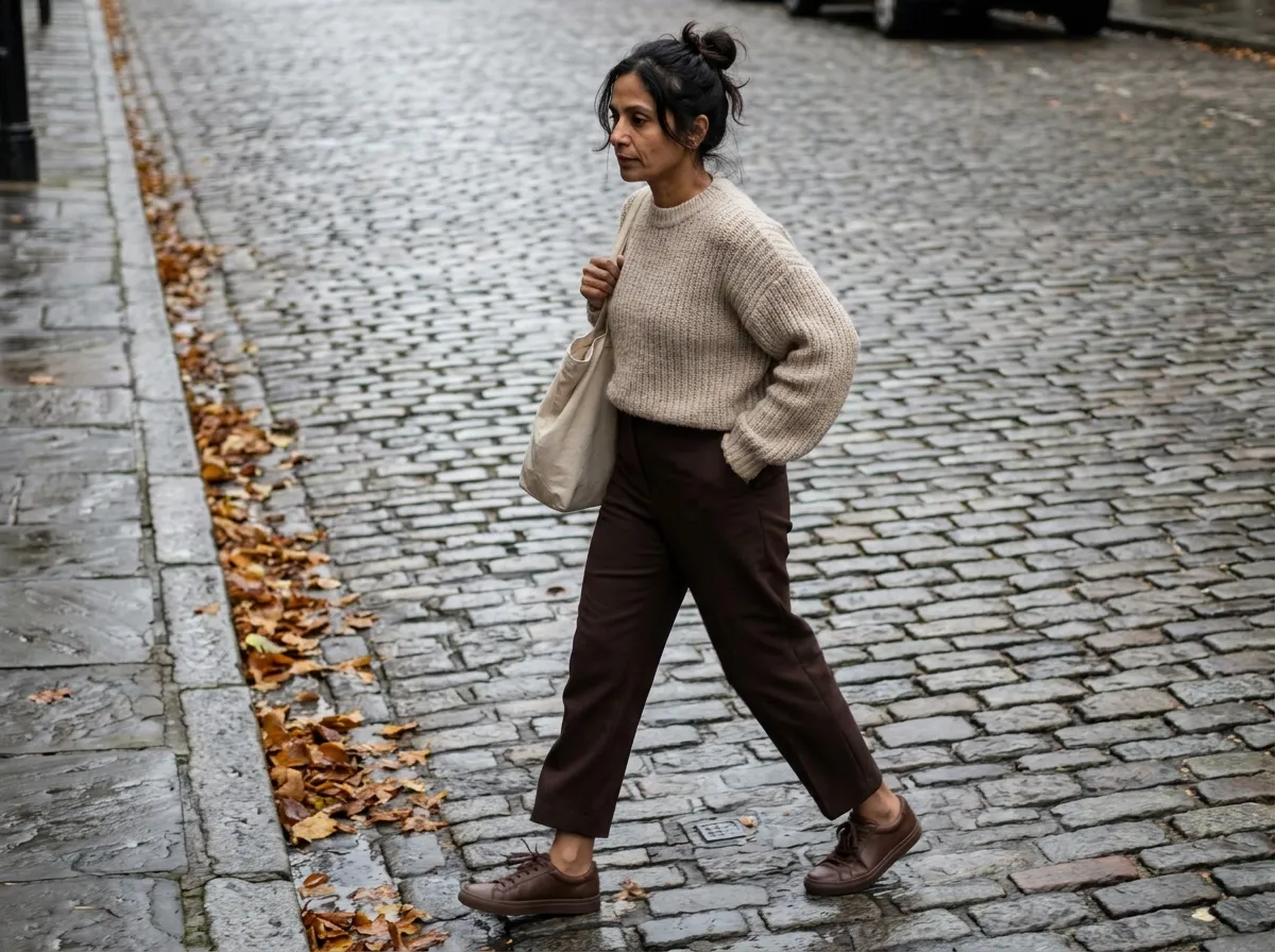 Femme de petite taille en pantalon chocolat et baskets basses assorties dans une rue pavée