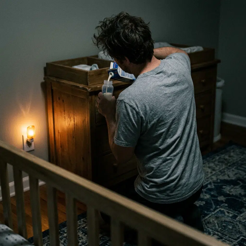 Parent préparant un biberon la nuit dans une chambre éclairée par une petite veilleuse