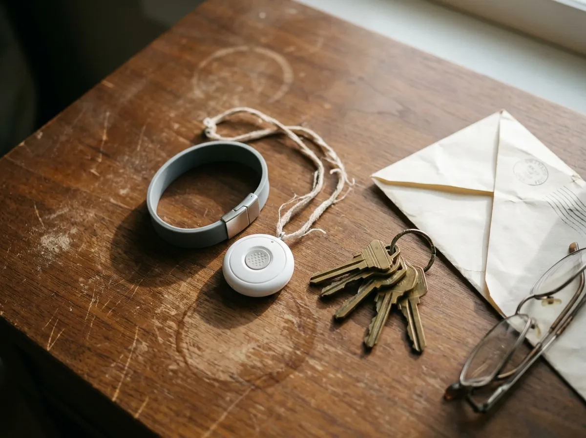 Bracelet et médaillon de téléassistance posés sur une table d'entrée avec des clés
