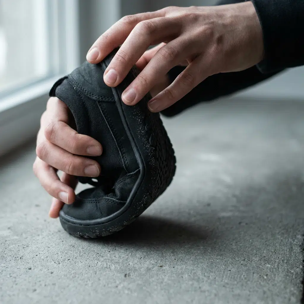 Chaussure minimaliste femme pliée en deux pour tester la souplesse de la semelle