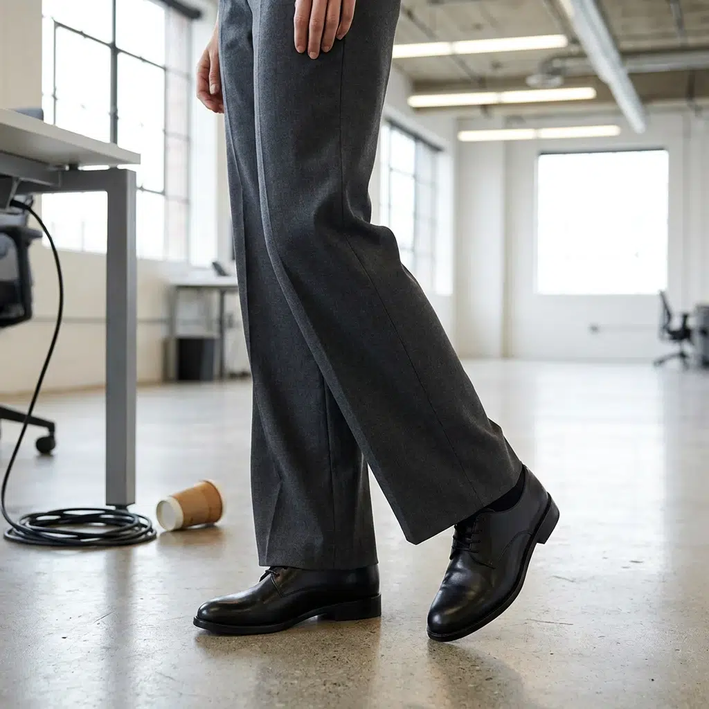 Tenue de bureau avec pantalon large et chaussures minimalistes en cuir noir pour femme