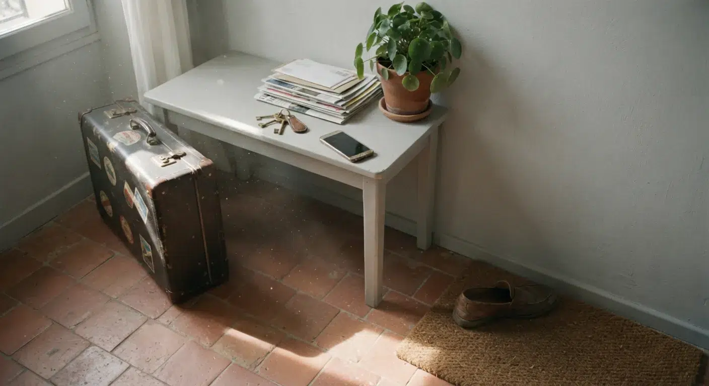 Valise posée dans une entrée de maison avec clés et téléphone, préparation d'un départ en vacances