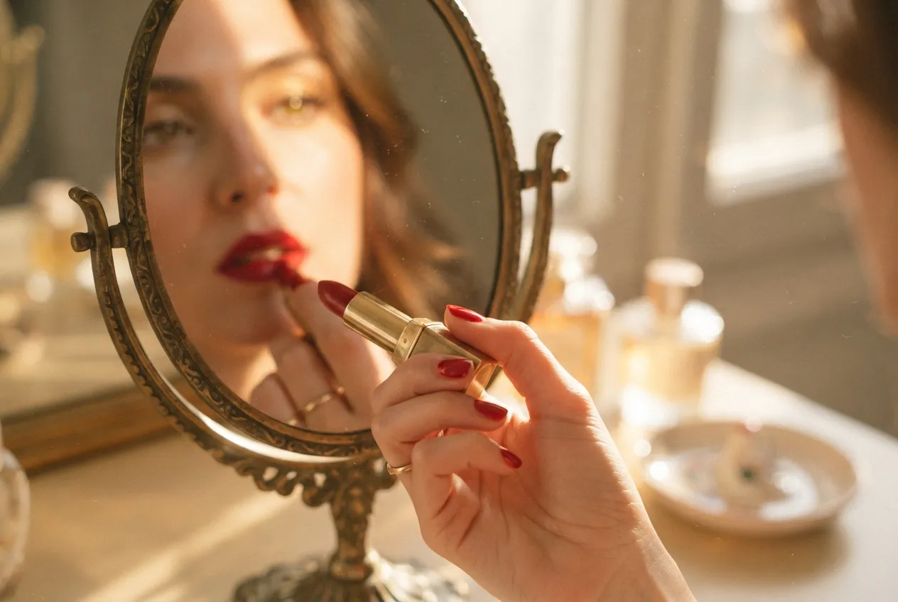 Main appliquant un rouge à lèvres devant un miroir dans une lumière naturelle douce