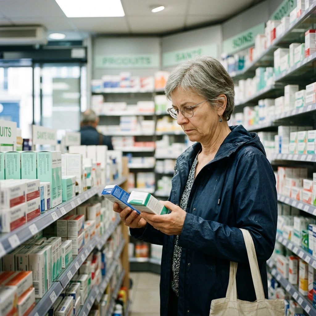 Femme comparant deux boîtes de compléments anti-chute dans le rayon d'une pharmacie
