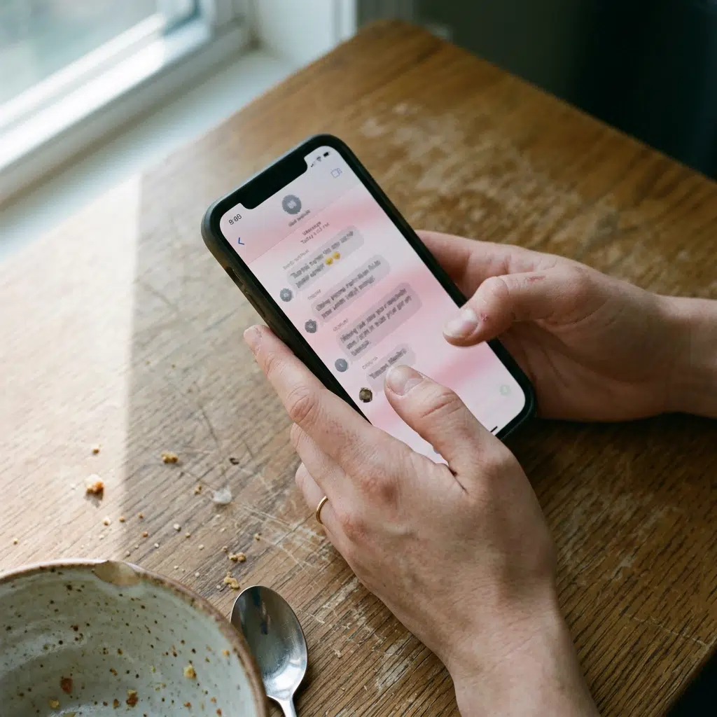 Femme relisant une conversation sur son smartphone pour décrypter sa relation amoureuse
