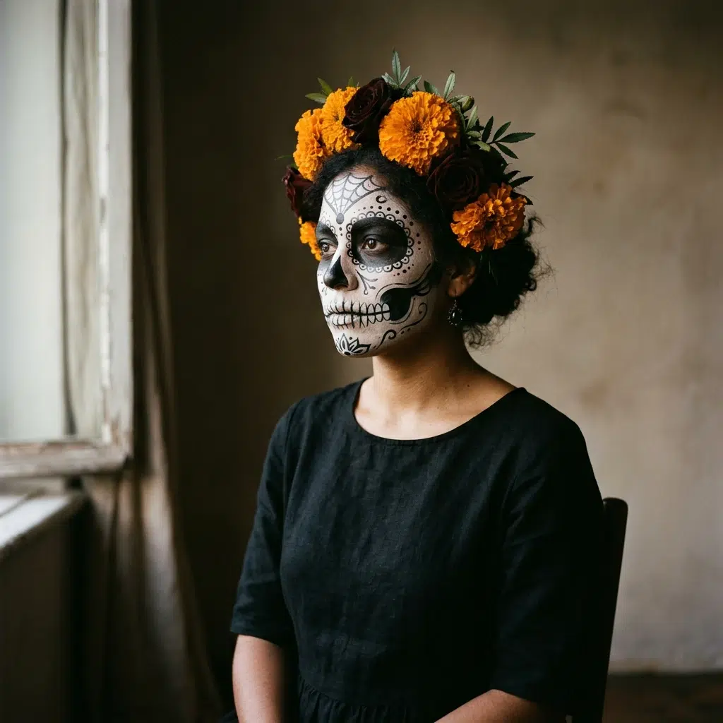 Déguisement d'Halloween femme en calavera avec maquillage Dia de los Muertos et couronne de fleurs
