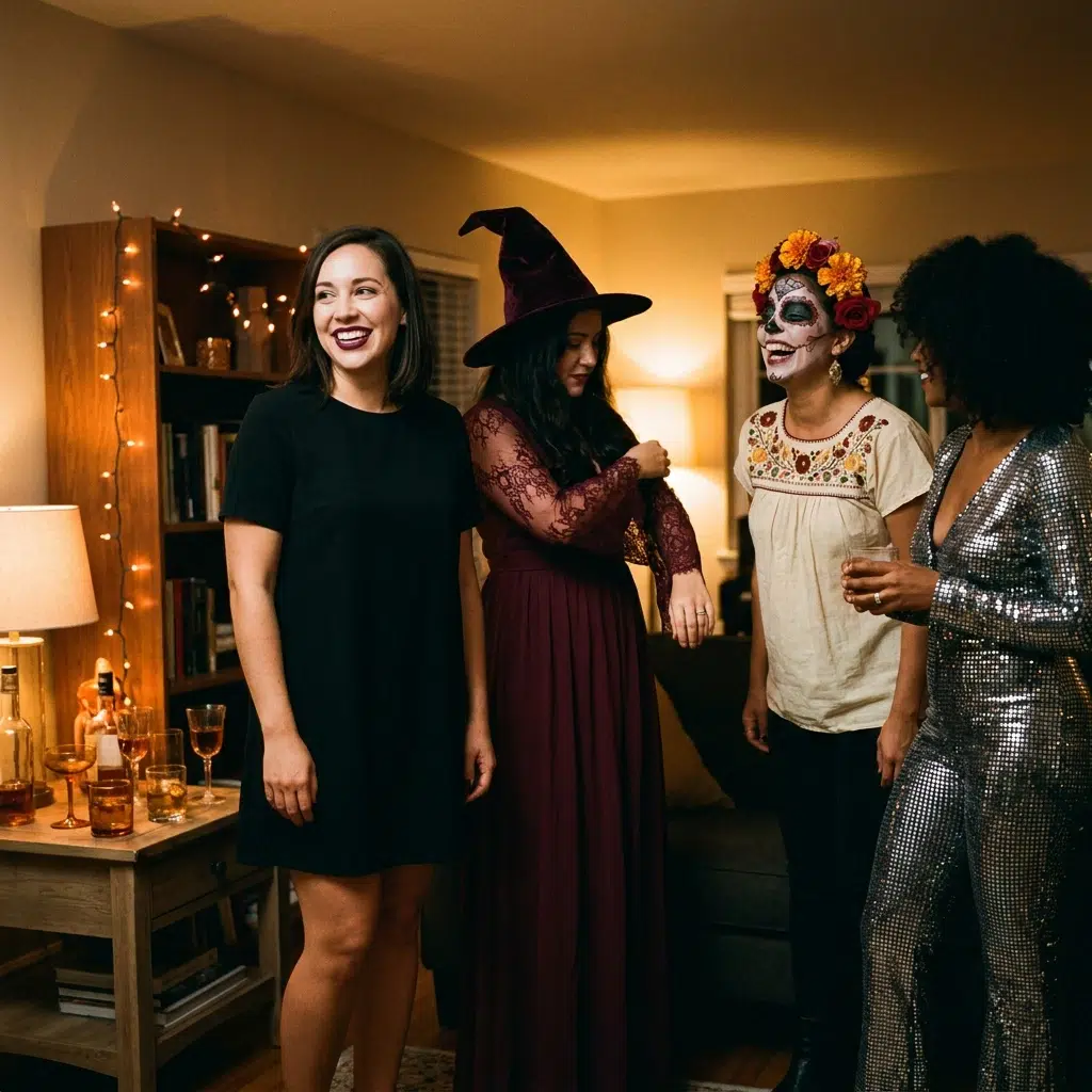 deguisement-halloween-femme-idees-cover Quatre femmes en déguisements d'Halloween différents lors d'une soirée : sorcière, calavera, disco