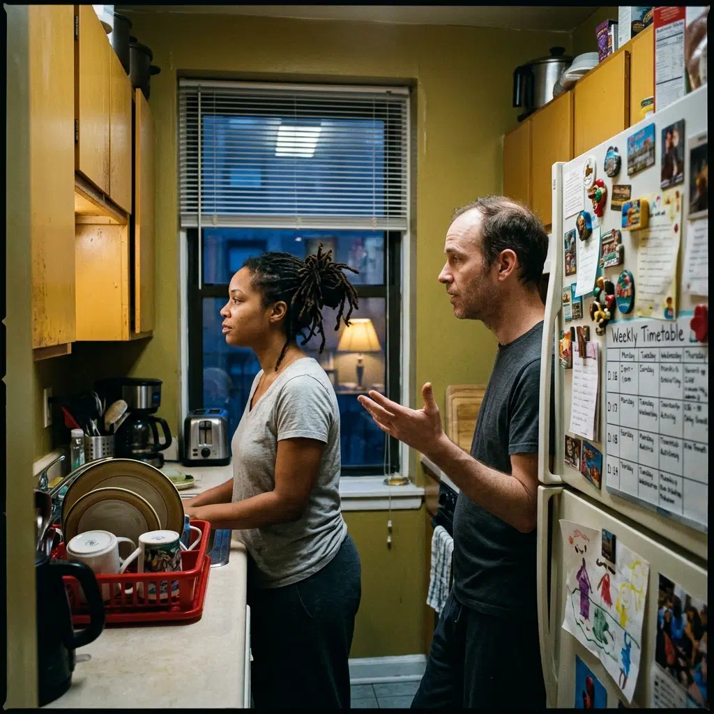Couple dans une cuisine, l'un tourné vers l'autre qui regarde ailleurs, dynamique poursuite retrait