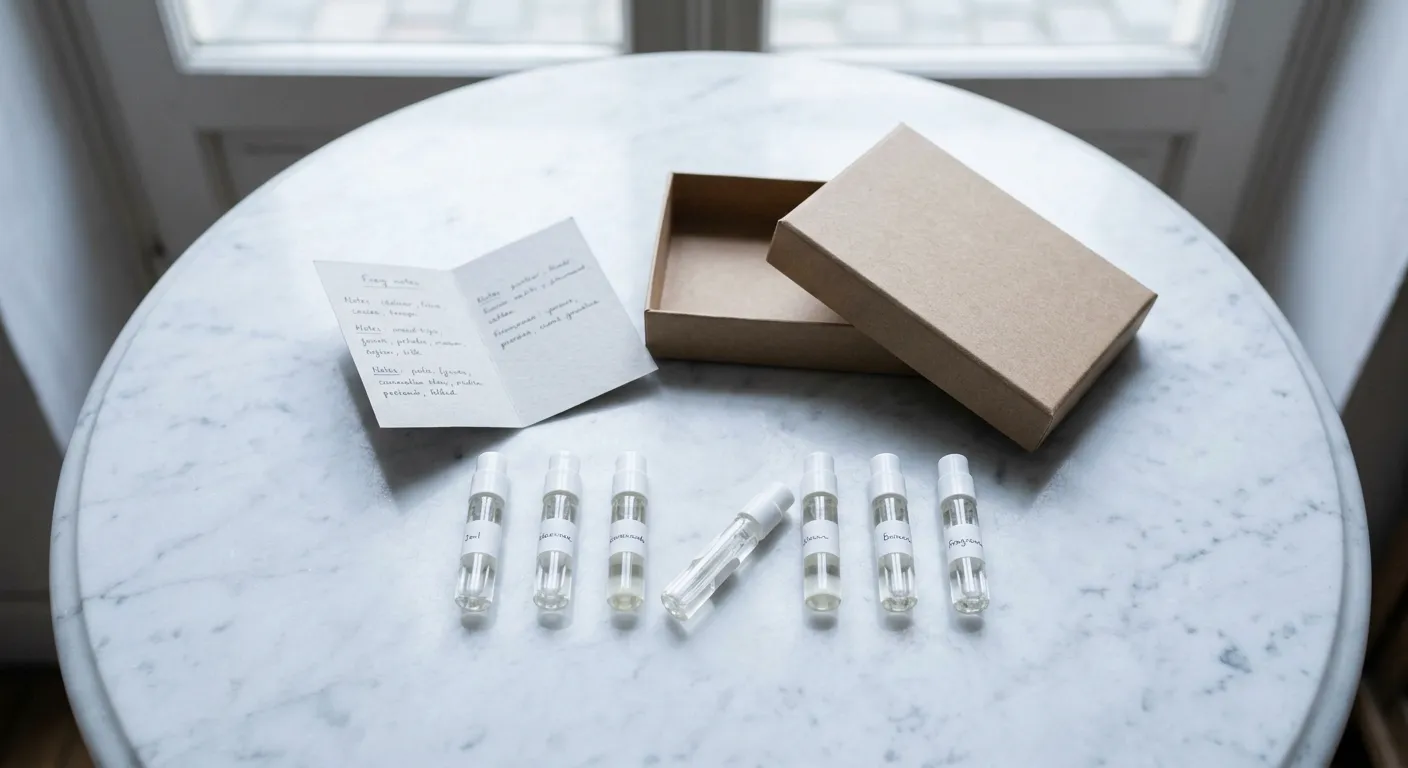 Coffret de décants et échantillons de parfums de niche posés sur une table en marbre clair