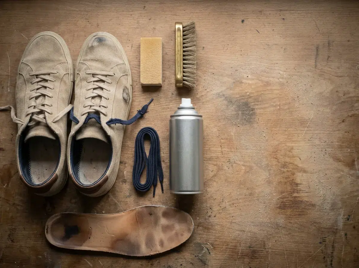 Basket femme en suède beige avec kit d'entretien : brosse, spray imperméabilisant, lacets de rechange et semelle