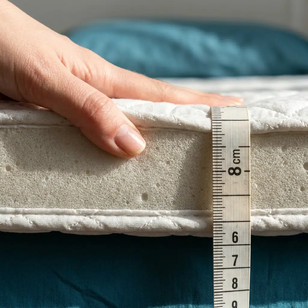 Détail de la tranche d'un surmatelas en mousse de 8 cm posé sur un matelas, main appuyant dessus