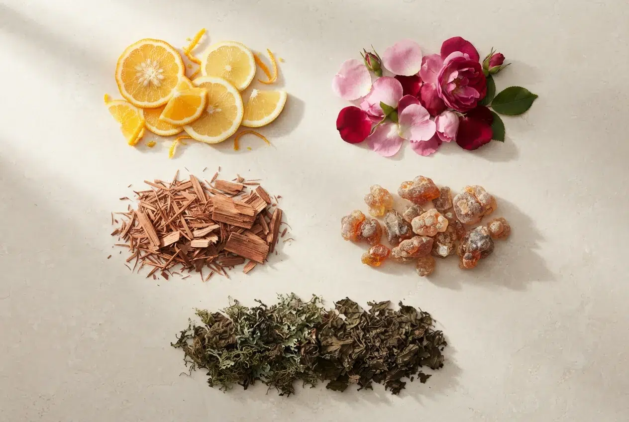 Matières premières de parfumerie : agrumes, rose, copeaux de cèdre et résine ambrée