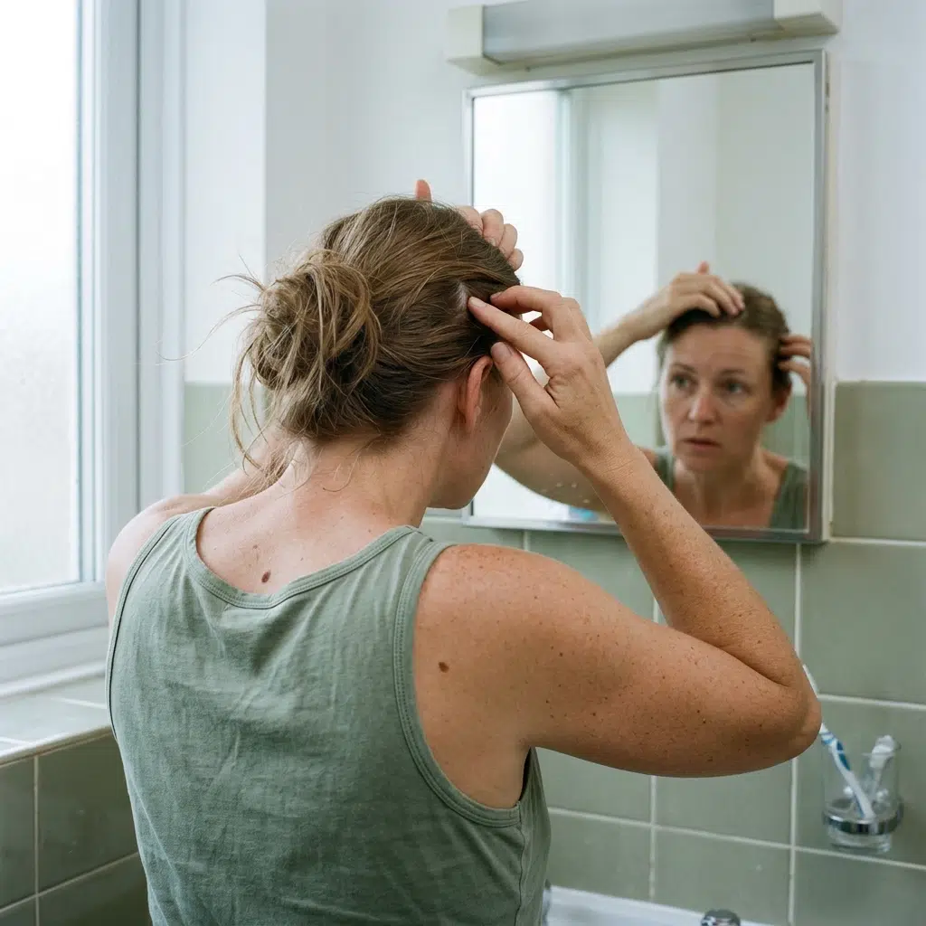 Femme écartant ses cheveux devant un miroir pour observer son cuir chevelu et sa raie en automne