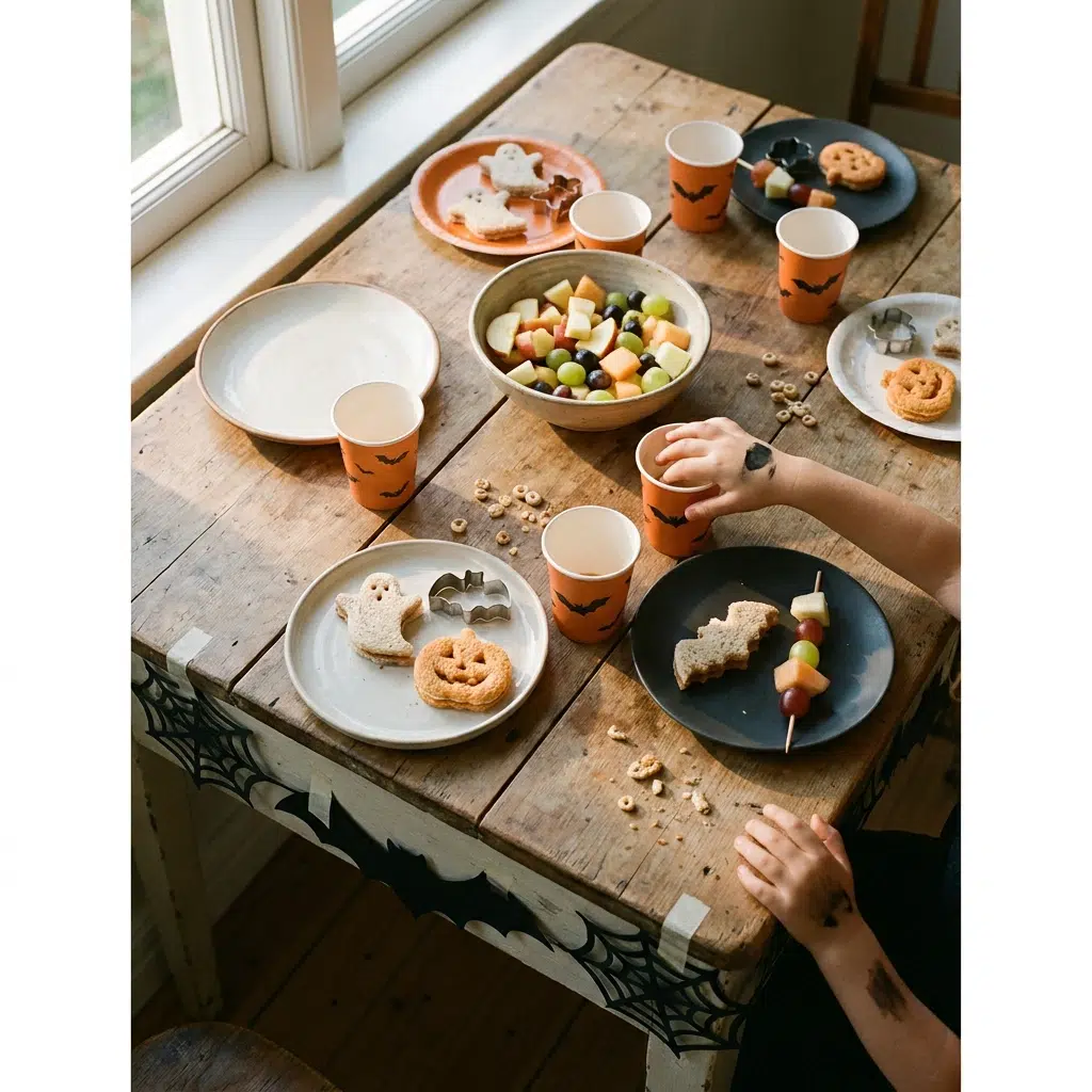 Table de goûter pour une fête d'Halloween d'enfants avec gobelets, guirlande et enfants déguisés assis