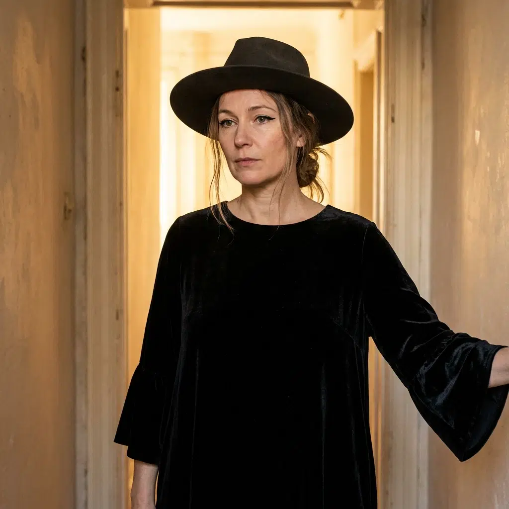 Déguisement d'Halloween femme en sorcière gothique, robe velours noire et chapeau structuré