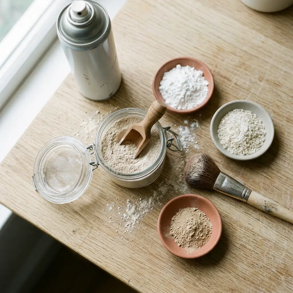 Poudres d'amidon de maïs, de riz et kaolin d'un shampoing sec bio posées sur un plan de travail