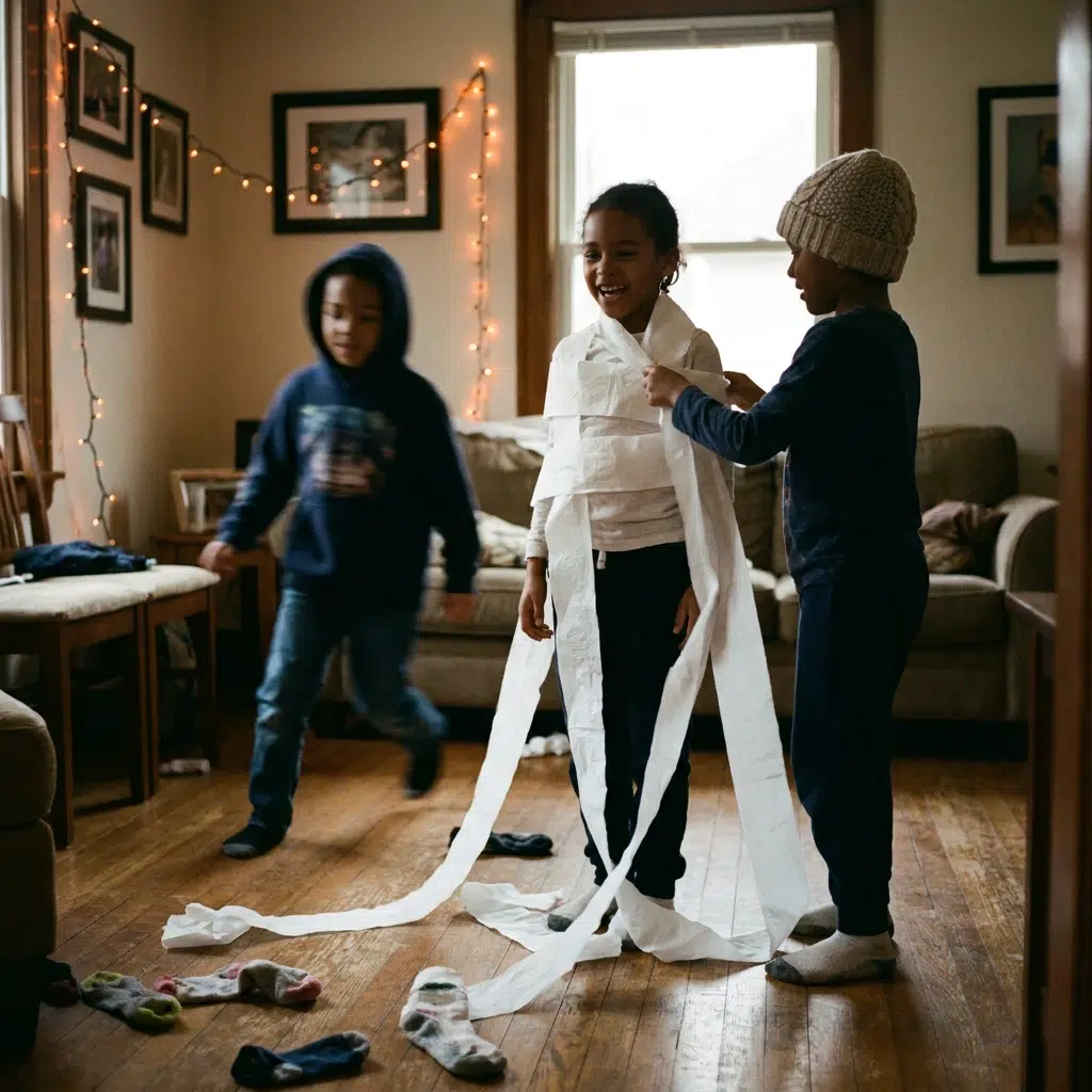 Enfants déguisés jouant à la course de momies avec du papier toilette pendant une fête d'Halloween