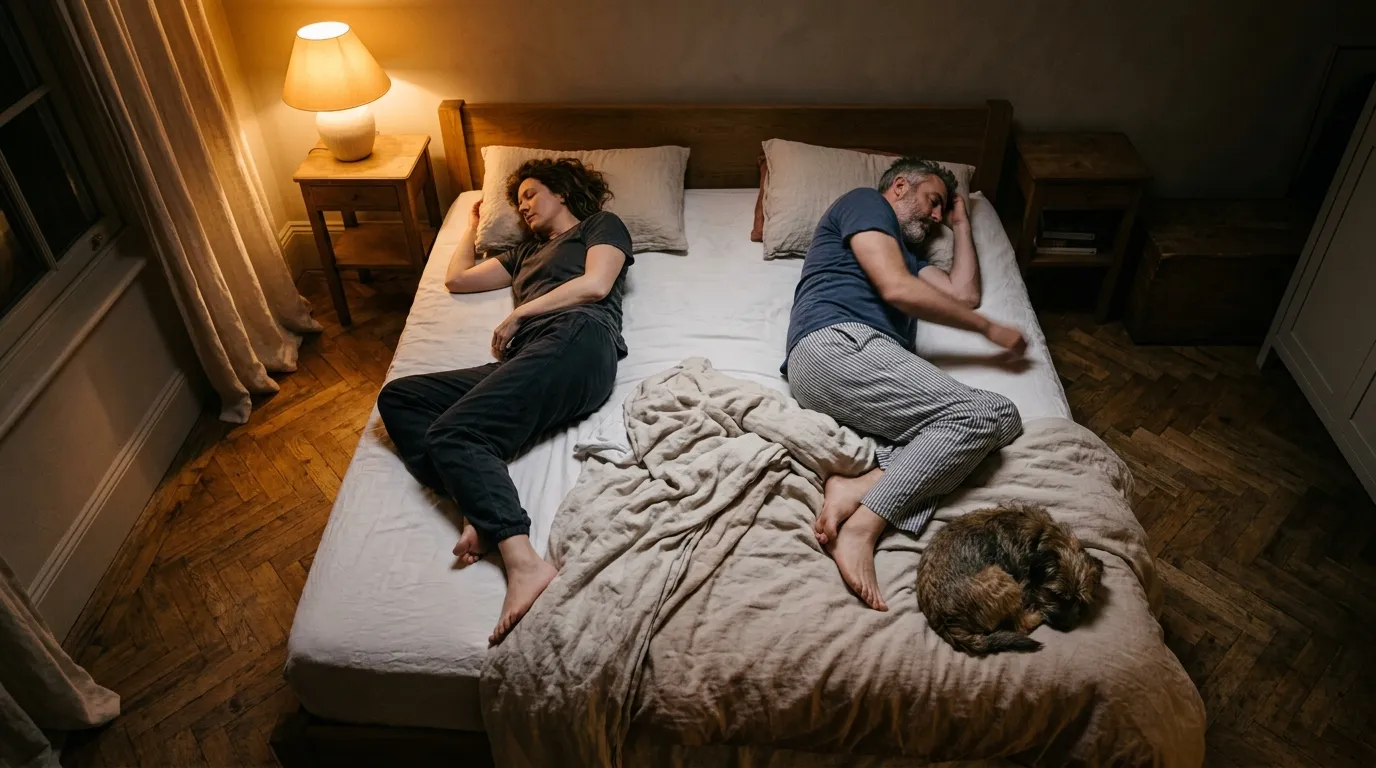 Couple endormi chacun de son côté sur un lit 200x200, chien couché au pied du lit