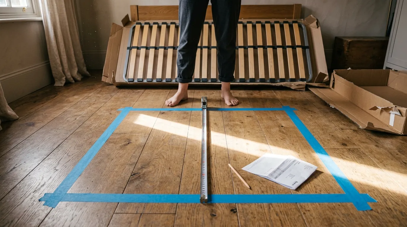 Ruban de masquage traçant 2 m sur 2 m au sol et deux sommiers 100x200 posés contre le mur
