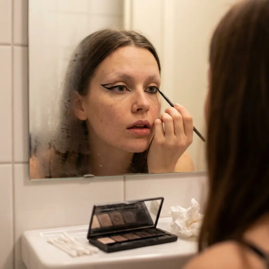 Maquillage d'Halloween femme, liner graphique noir appliqué devant le miroir avant la soirée