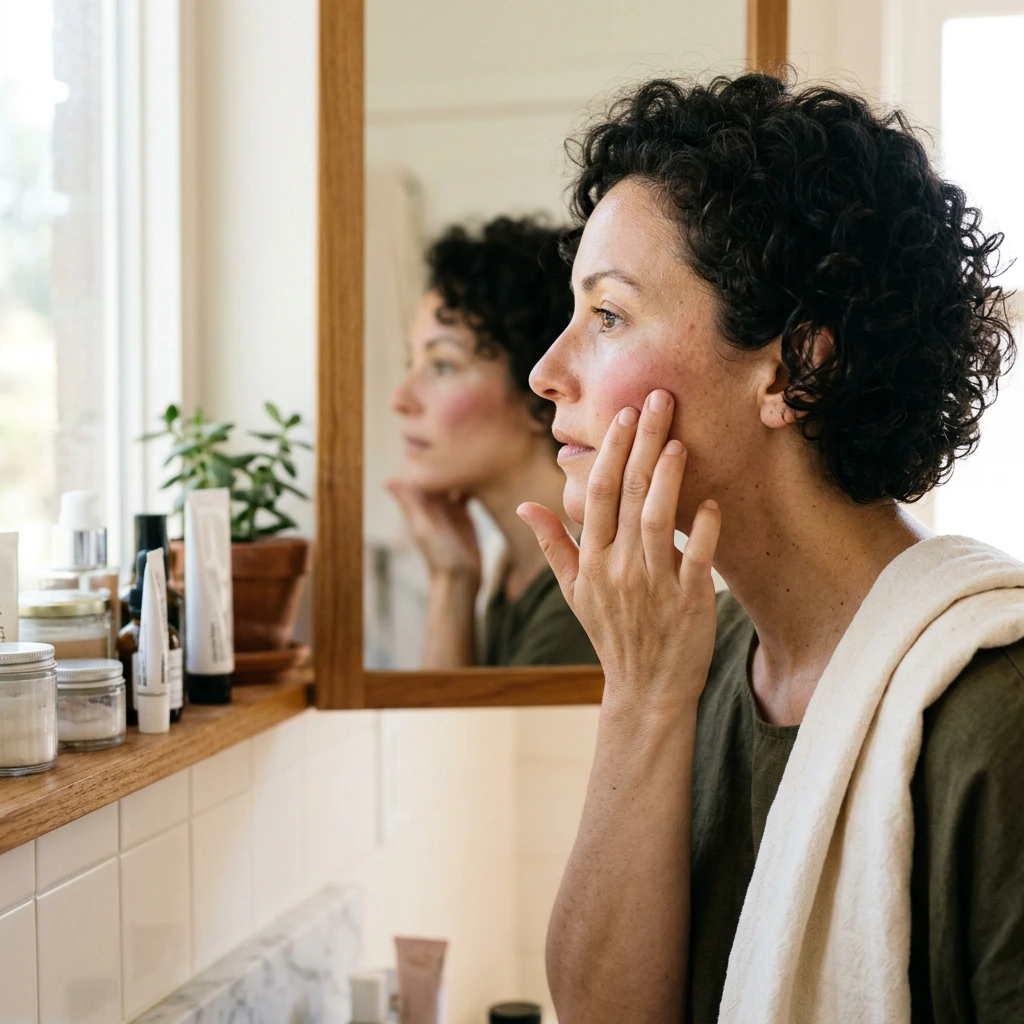 Femme appliquant du blush devant un miroir de salle de bain dans la lumière du matin