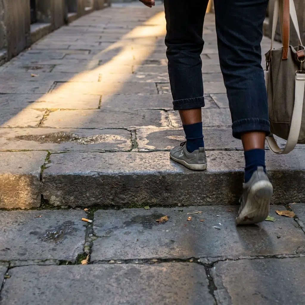 Femme marchant en ville avec des chaussures minimalistes, plan sur les pieds et le trottoir