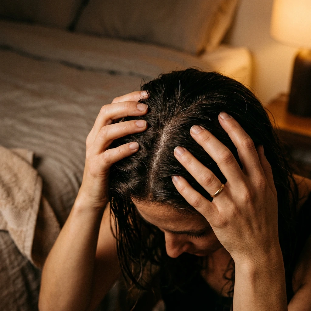 Mains massant le cuir chevelu à la racine des cheveux, assise au bord d'un lit le soir