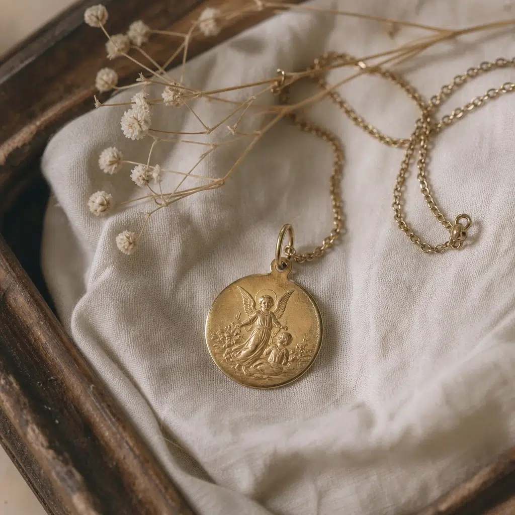 medaille-bapteme-or-18-carats Médaille de baptême en or 18 carats gravée d'un ange, posée sur du lin ivoire avec sa chaîne fine