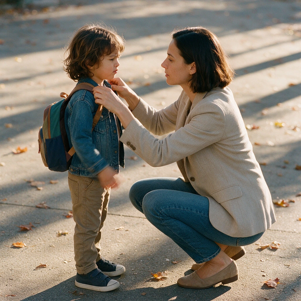Mère accroupie devant son enfant pour ajuster son cartable le matin de la rentrée