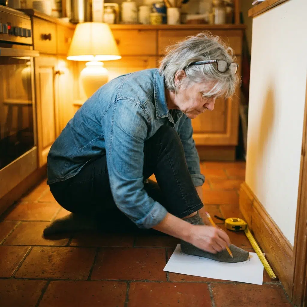 Femme traçant le contour de son pied sur une feuille pour mesurer sa pointure minimaliste