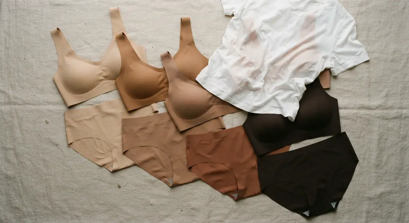 Sous-vêtements nude en microfibre déclinés sur plusieurs carnations, posés à plat