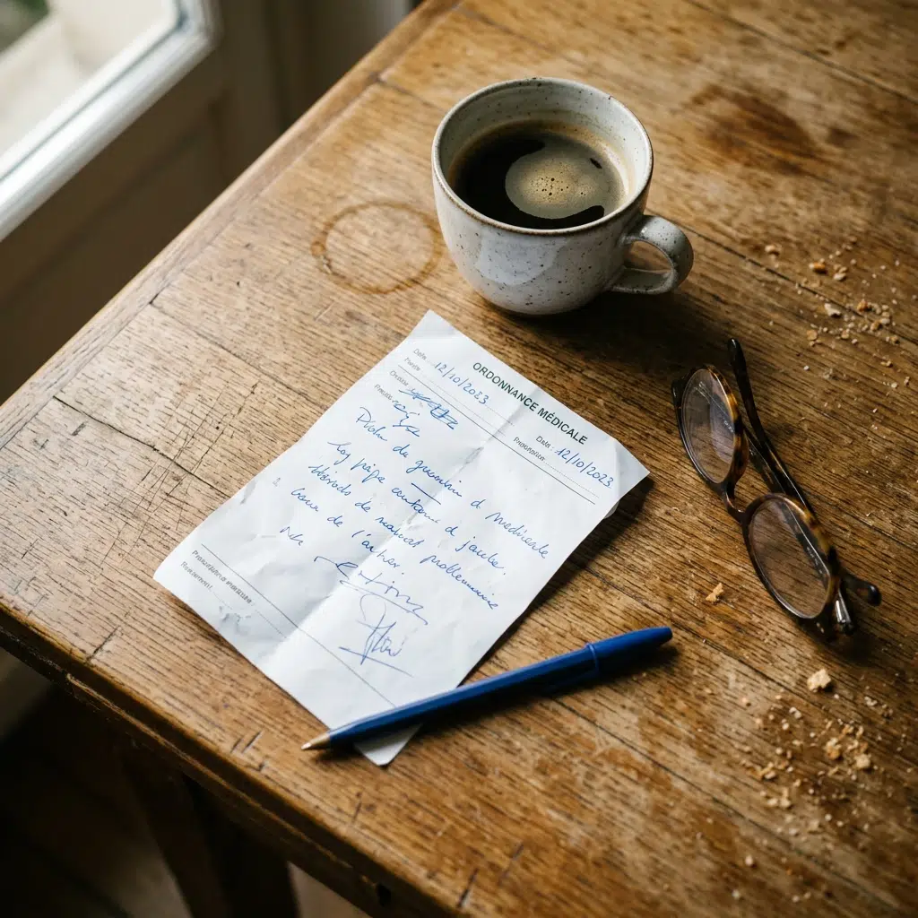 Ordonnance médicale posée sur une table de cuisine à côté d'un stylo et d'une tasse de café