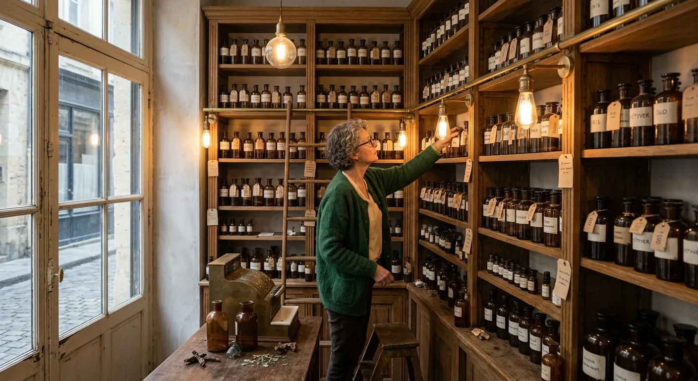 Flacons de parfum de niche alignés sur une étagère en bois dans une parfumerie indépendante