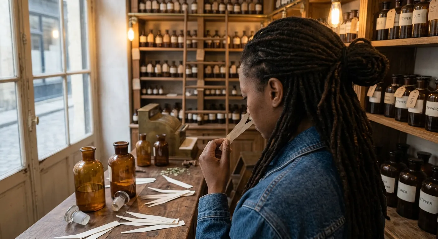Cliente testant un parfum de niche sur une mouillette au comptoir d'une parfumerie indépendante