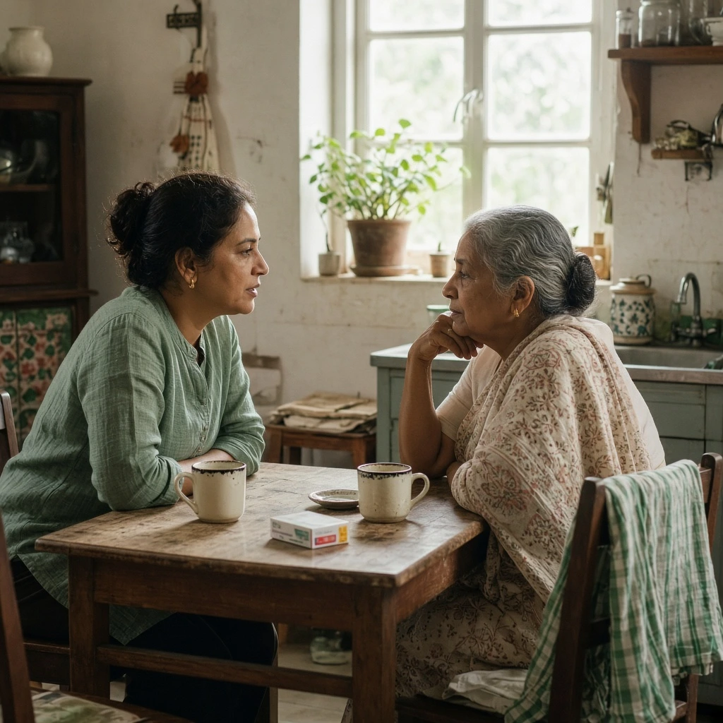 Femme de 45 ans discutant face à face avec sa mère dans une cuisine, sans bruit de fond