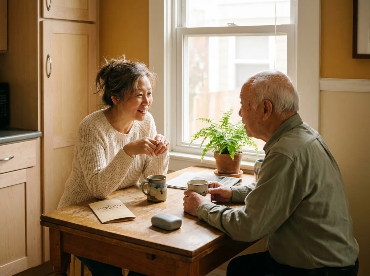Femme de cinquante ans parlant téléassistance avec son père âgé autour d'un caféans urgence.