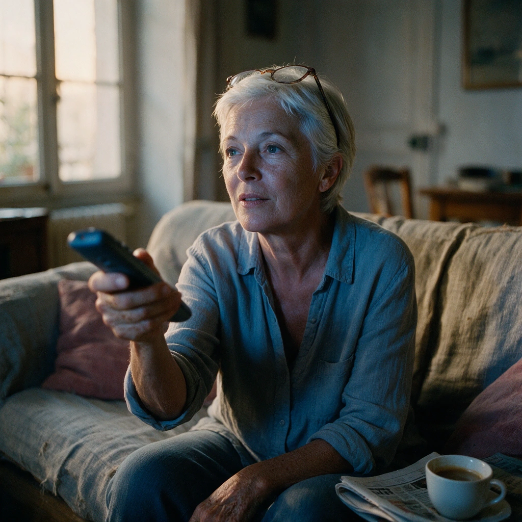 perte-auditive-senior-television-salon Femme senior tenant une télécommande devant sa télévision, volume monté, signe possible de perte auditive