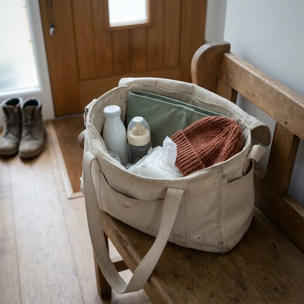 Petite bouteille de lait infantile liquide de 25 cL rangée dans un sac à langer avant une sortie