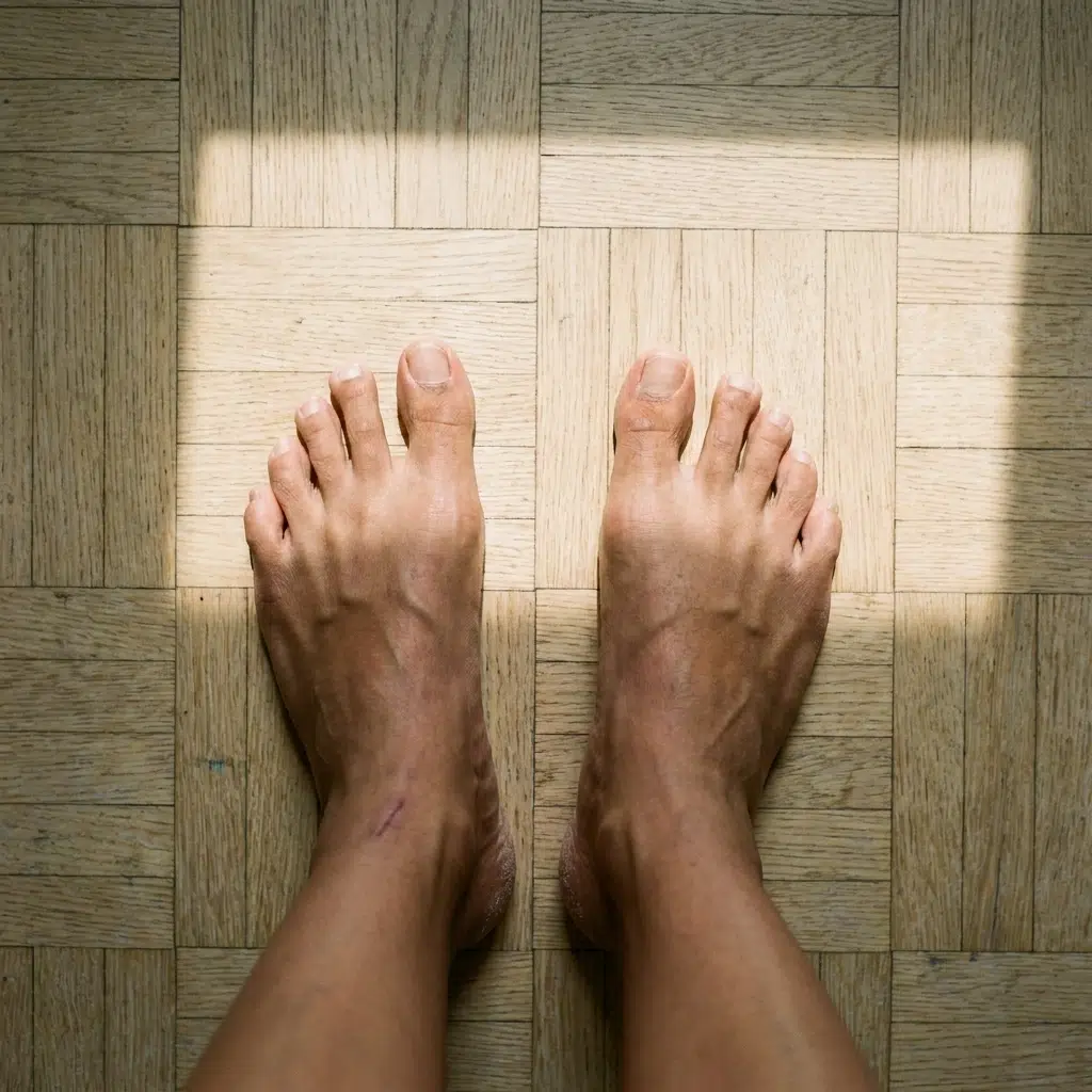 Pieds nus sur parquet clair, orteils écartés, illustrant la position naturelle du pied