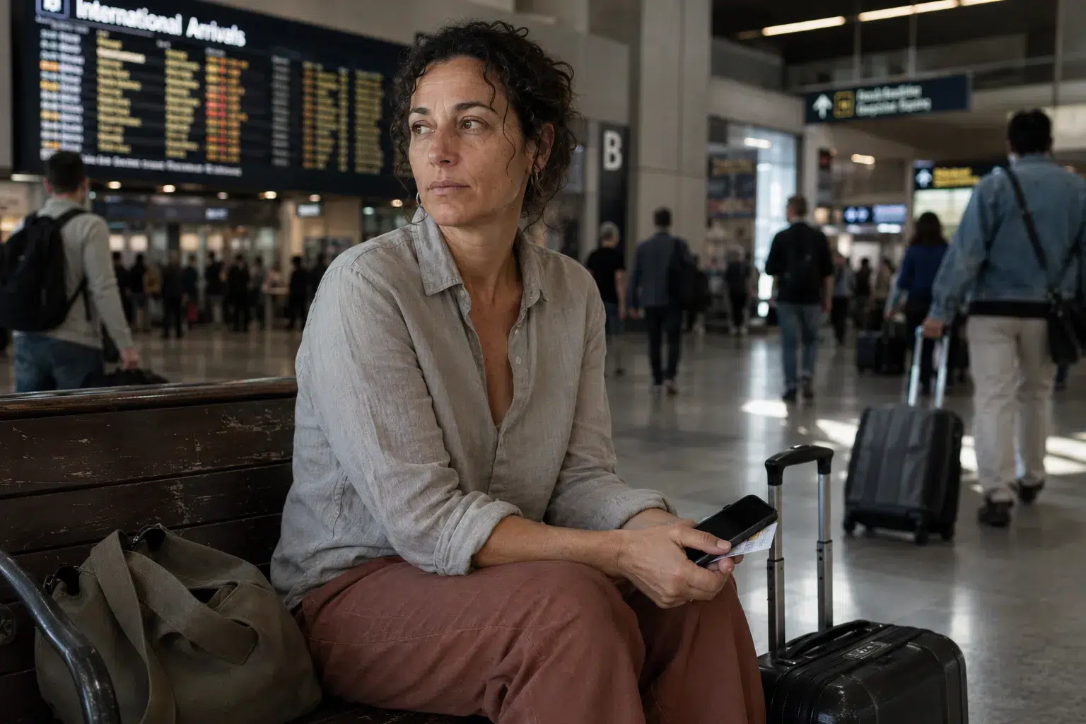 premiers-jours-etranger-erreurs-cover Voyageuse assise en salle d'arrivée d'aéroport, téléphone sans réseau lors de ses premiers jours à l'étranger
