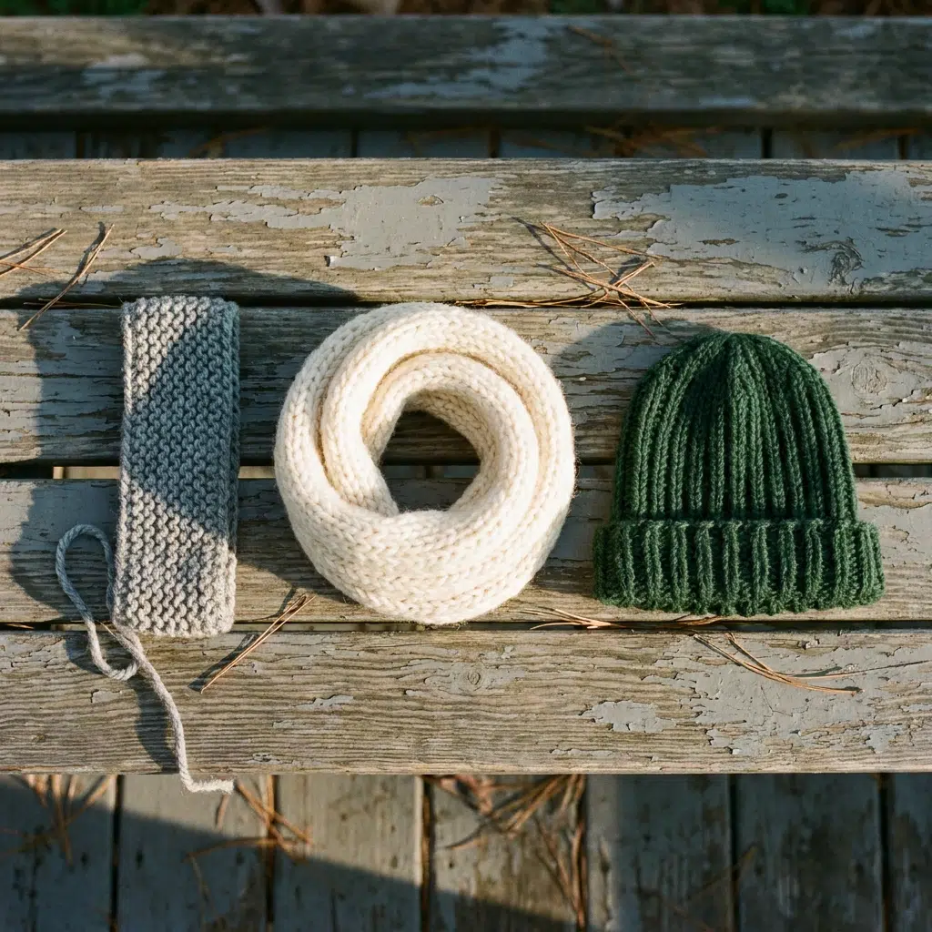Trois projets tricot débutante posés côte à côte : bandeau, snood et bonnet en côtes