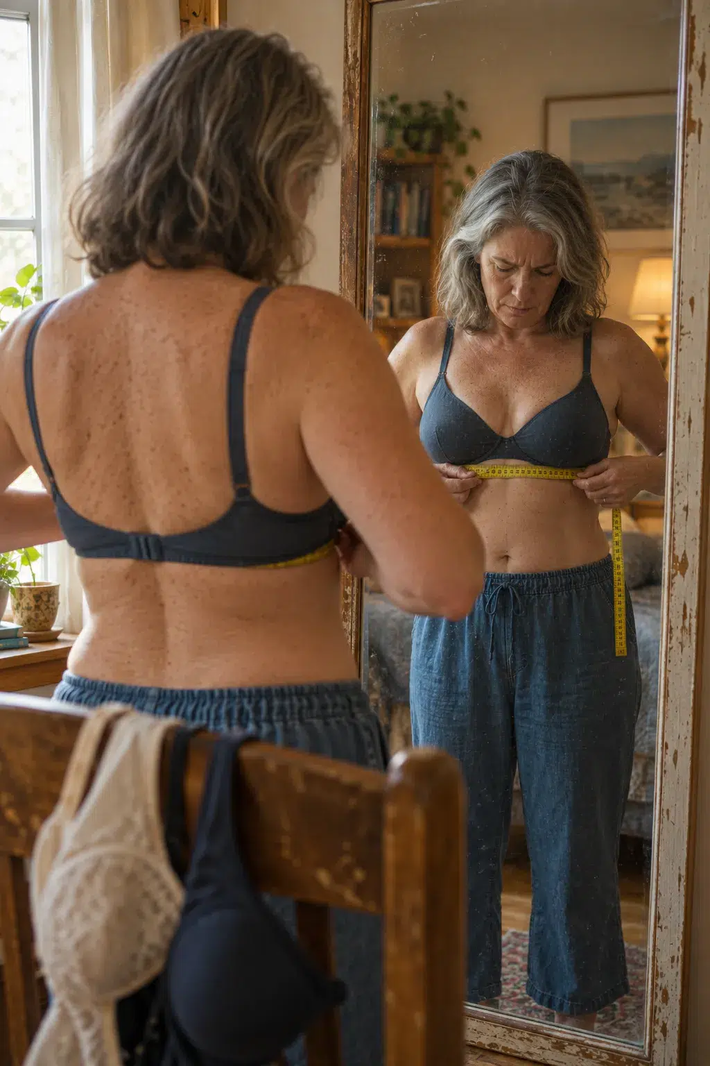 Prise de mesures du tour de dessous de poitrine au mètre ruban devant un miroir