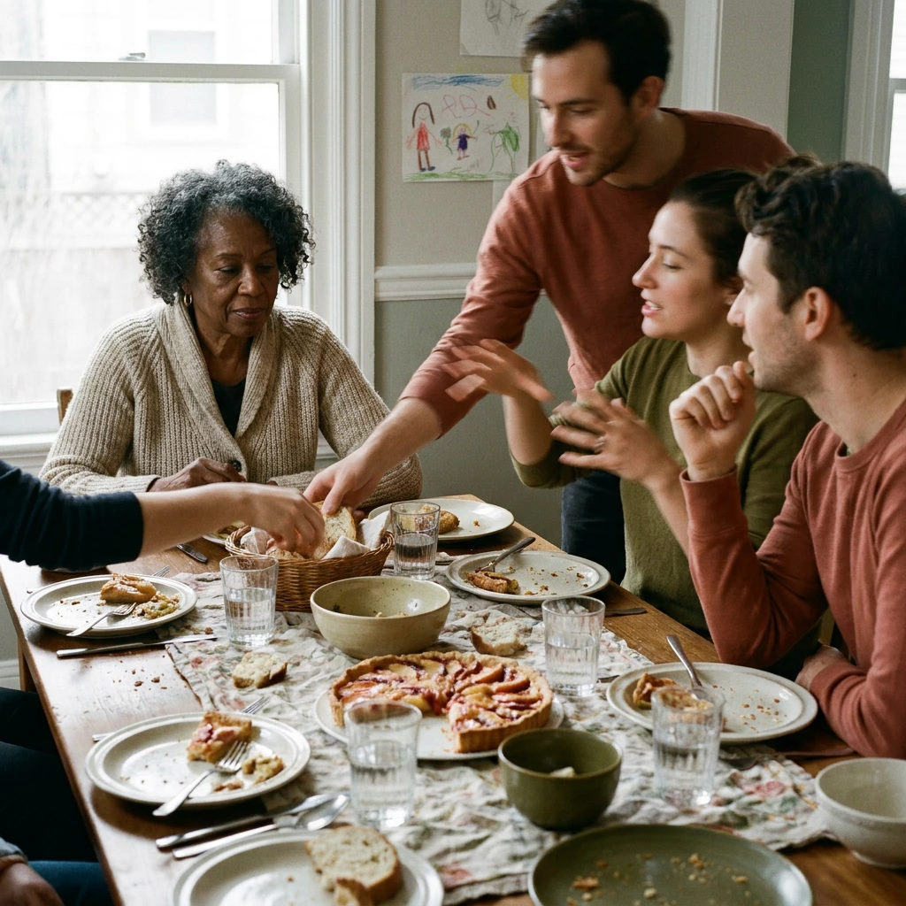 Femme senior légèrement en retrait pendant un repas de famille, signe possible de perte auditive